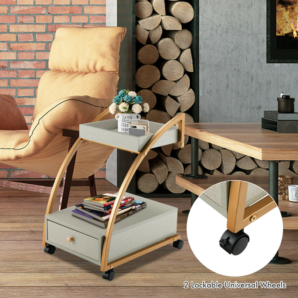 2-Tier Rolling End Table with Drawer - Gray