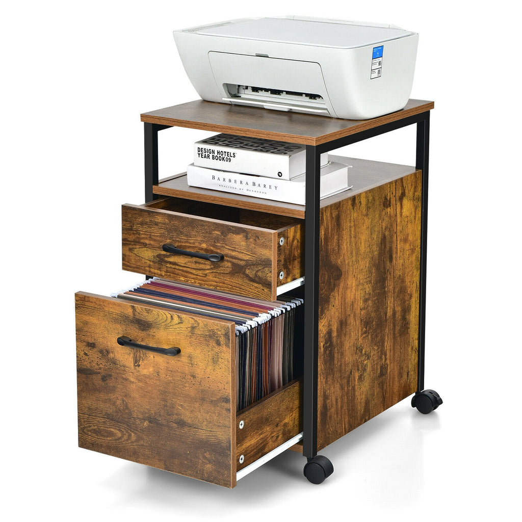 2-Drawer Mobile File Cabinet with Printer Stand – Rustic Brown