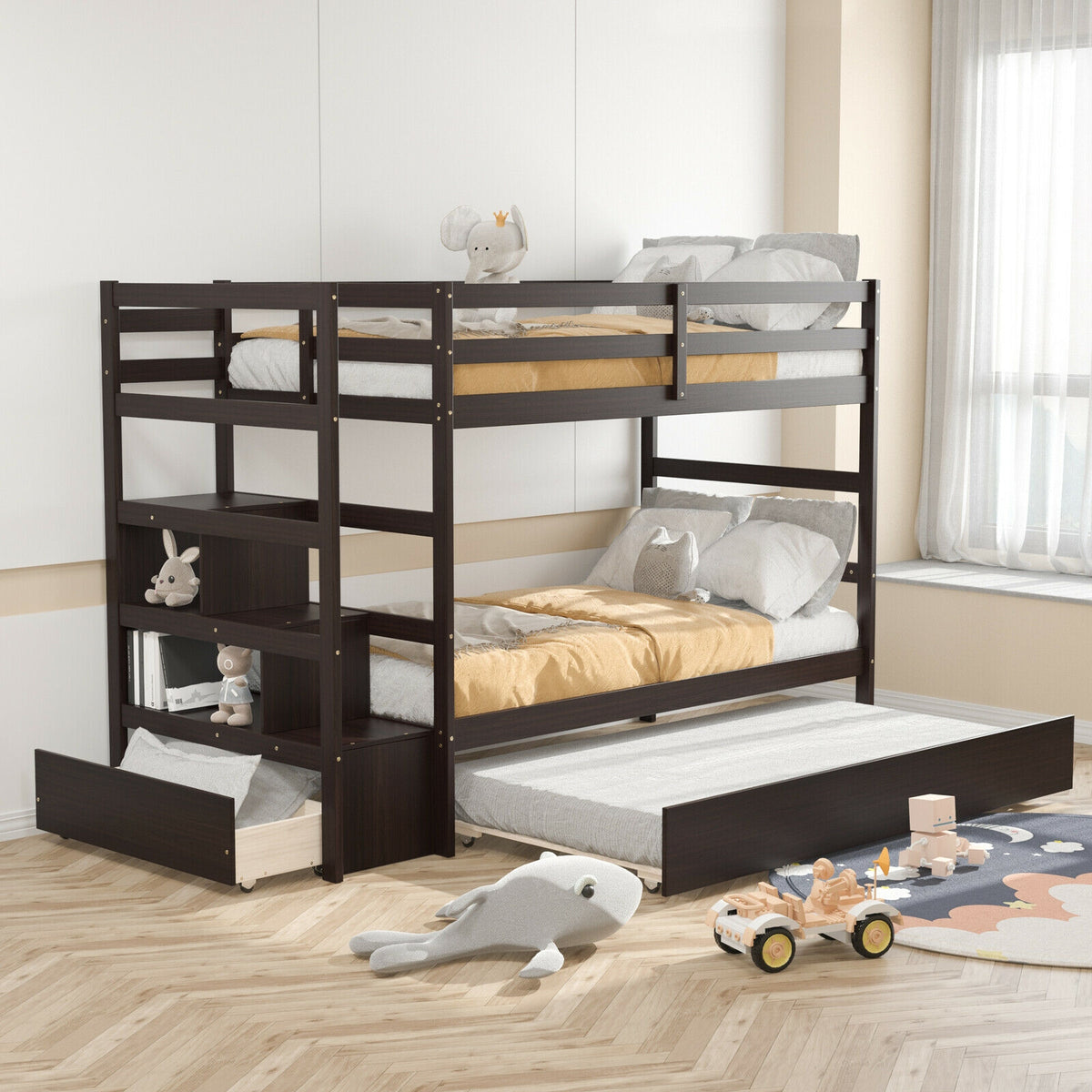Twin Over Twin Bunk Bed with Storage & Staircase - Dark Brown