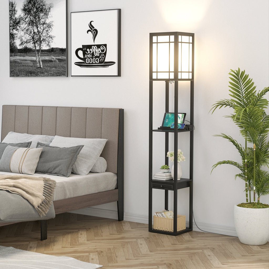 Modern Floor Lamp with Shelves Drawer USB Charging Outlet White Lampshade