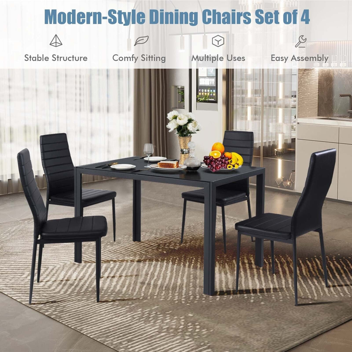 Leather Dining Chairs Set of 4 with Metal Frame - Horizontal Stripes