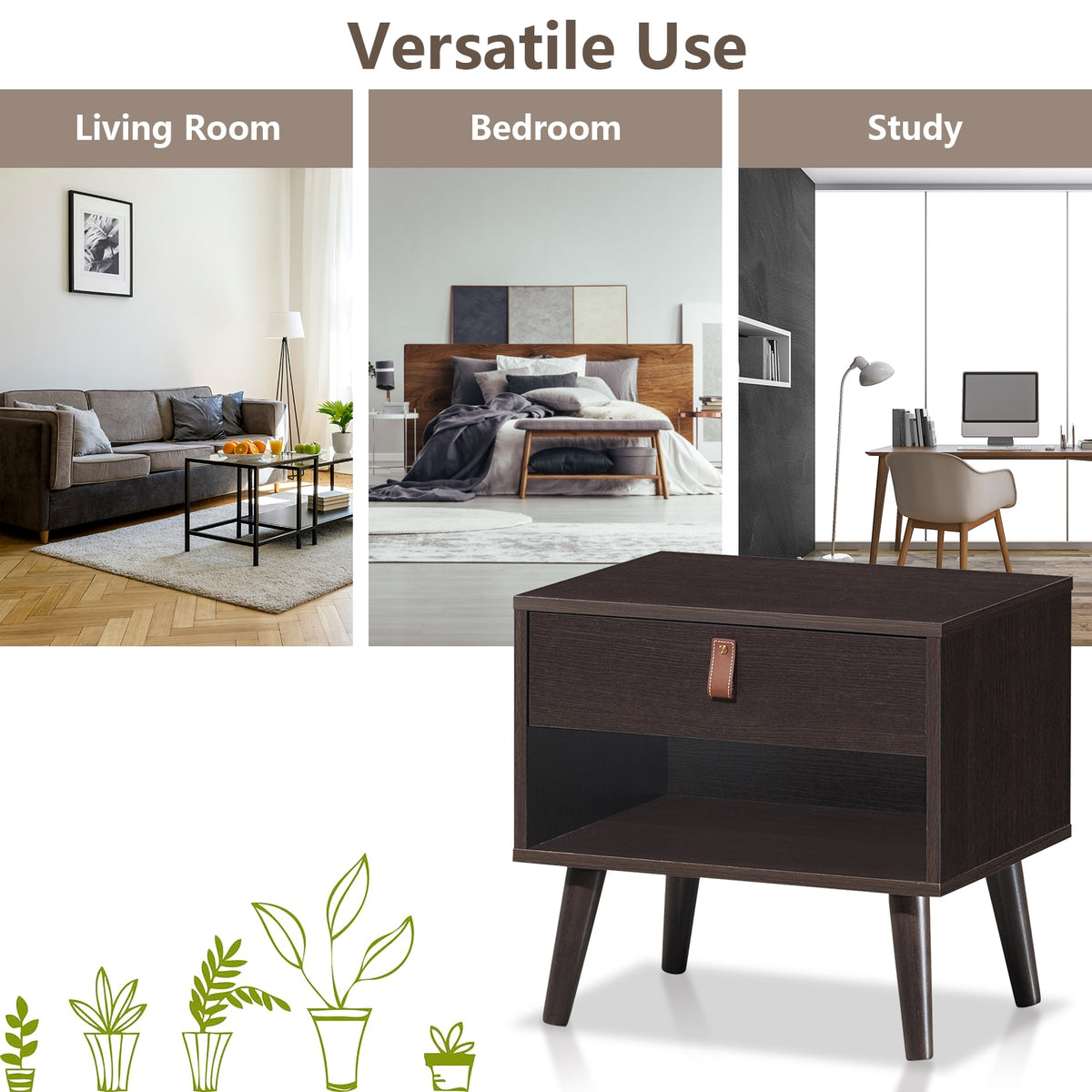Mid-Century Nightstand with Drawer & Shelf Storage - Brown