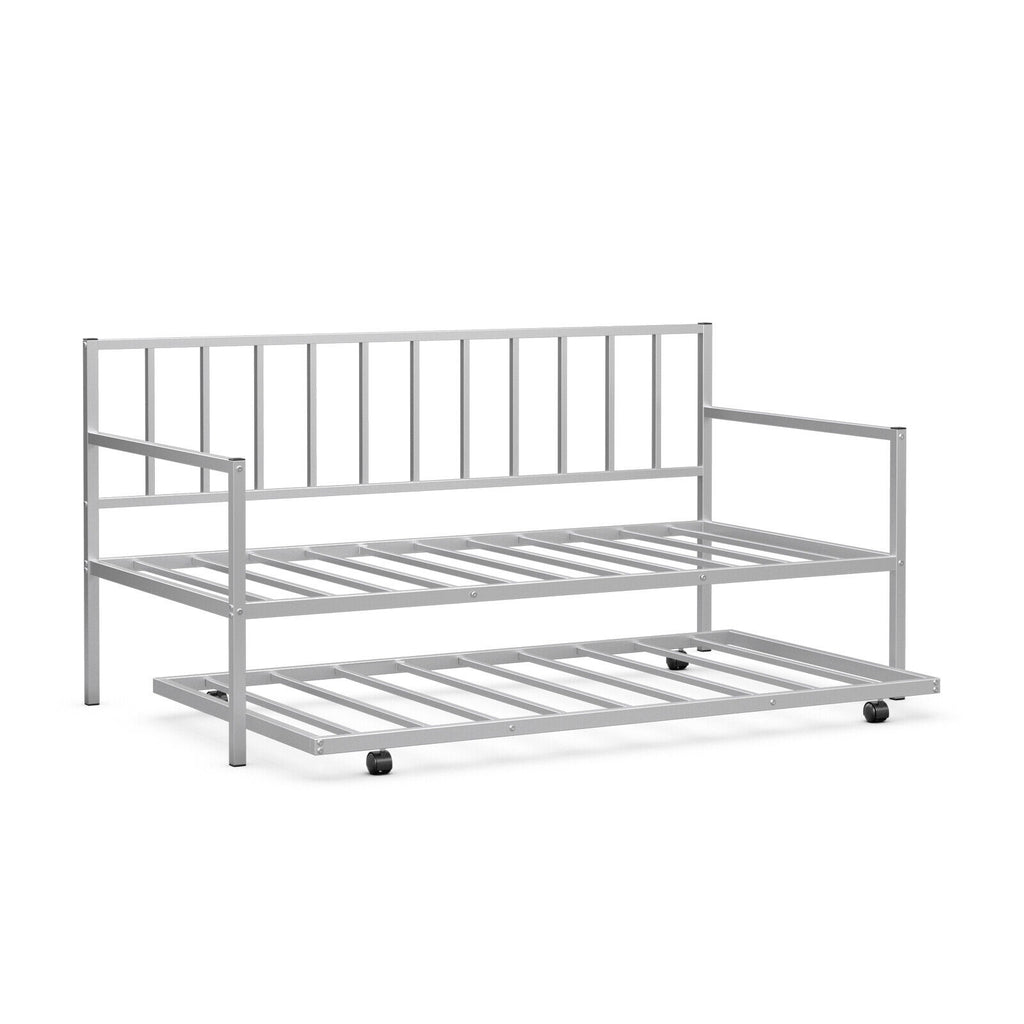 Twin Size Trundle Daybed Platform Frame with Slat Support - Walnut