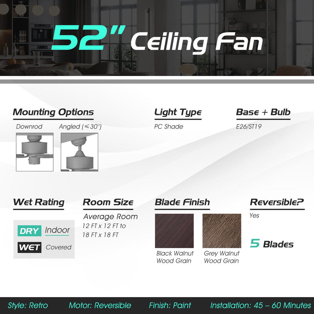 52 Inch Ceiling Fan with 3 Speed Reversible Blades - Black, Remote Control