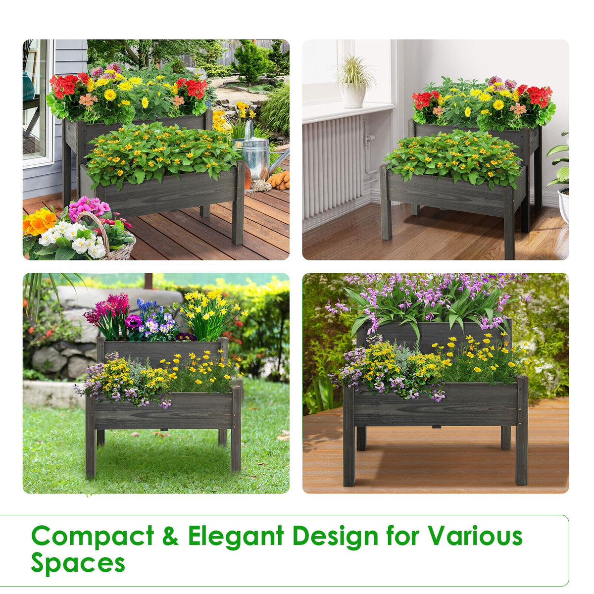 2 Tier Wooden Raised Garden Bed with Legs - Gray