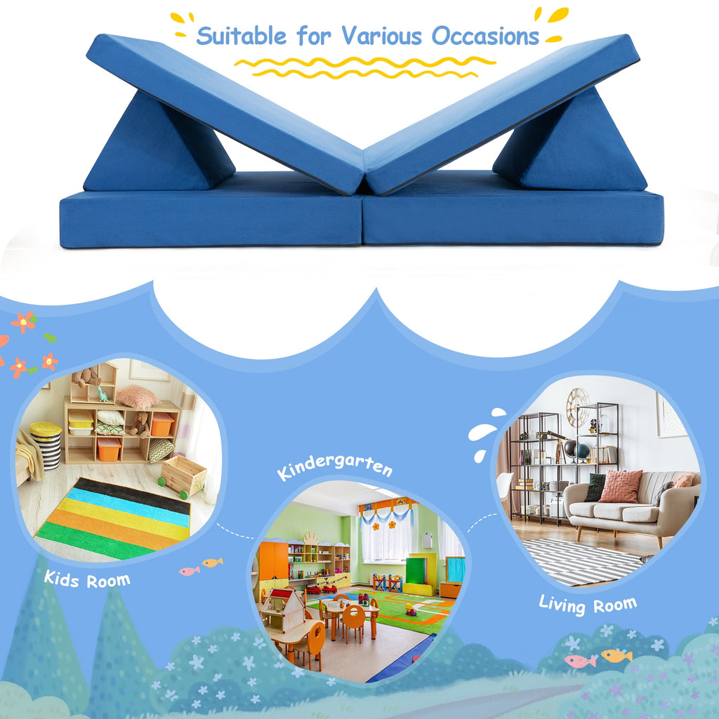 Girls Boys Modular Sofa Play Couch Set with 2 Folding Mats & 2 Triangular Pillows - Blue, 4 Pieces