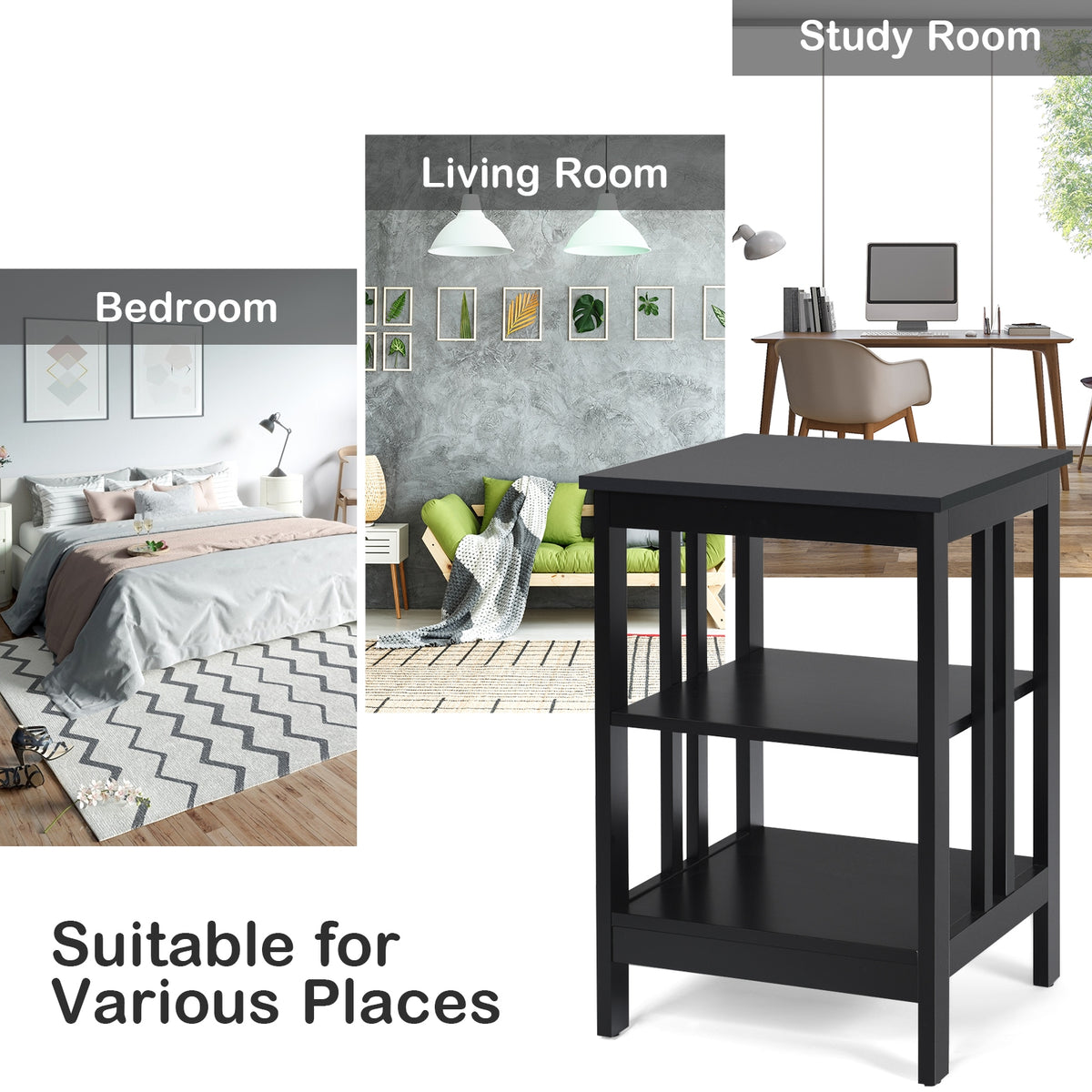 3-Tier Nightstand Sofa Side Table - Black