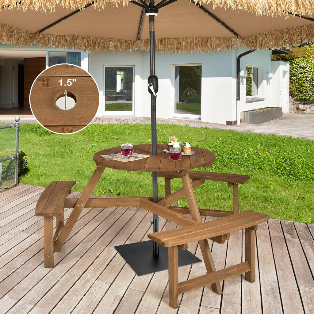 6-person Round Wooden Picnic Table with Umbrella Hole and 3 Built-in