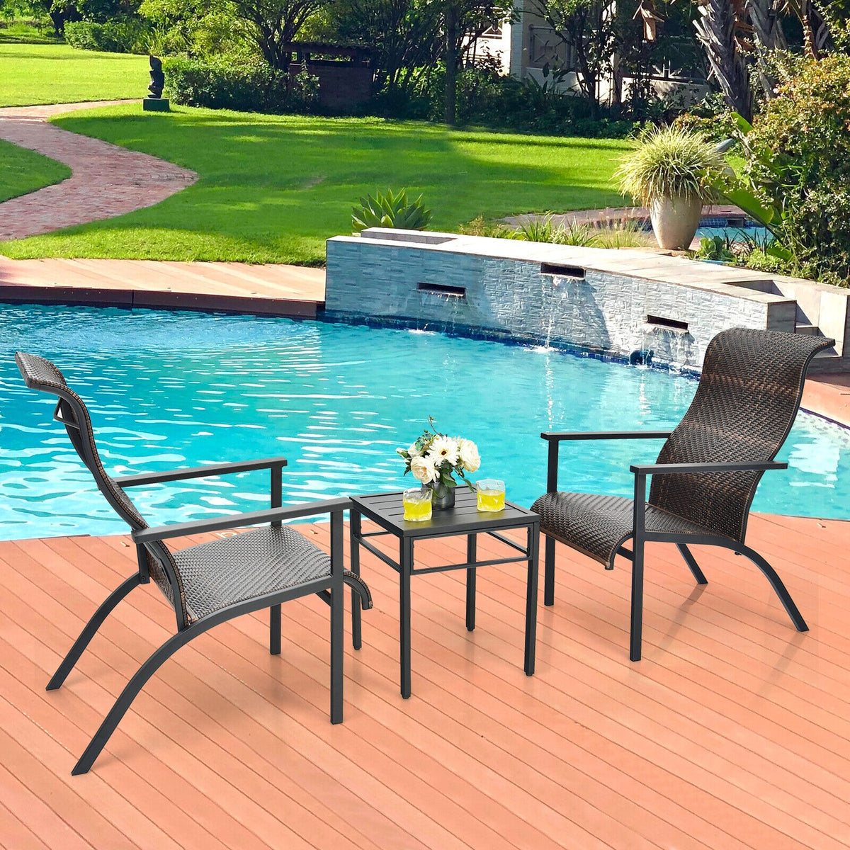 3-Piece Patio Bistro Set with High Backrest - Brown