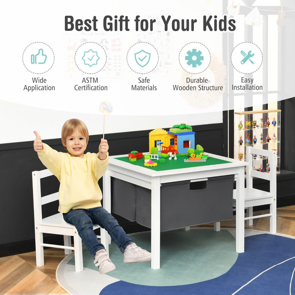 White 2-in-1 Kids Double-Sided Activity Building Block Table with Drawers