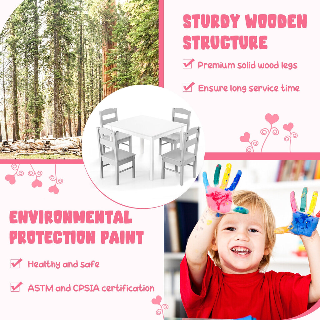 Kids Wooden 5-Piece Table and Chair Set - Rectangular White Playroom Furniture