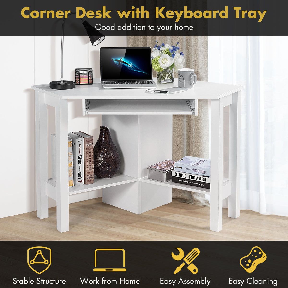 Wooden Study Computer Corner Desk with Keyboard Tray