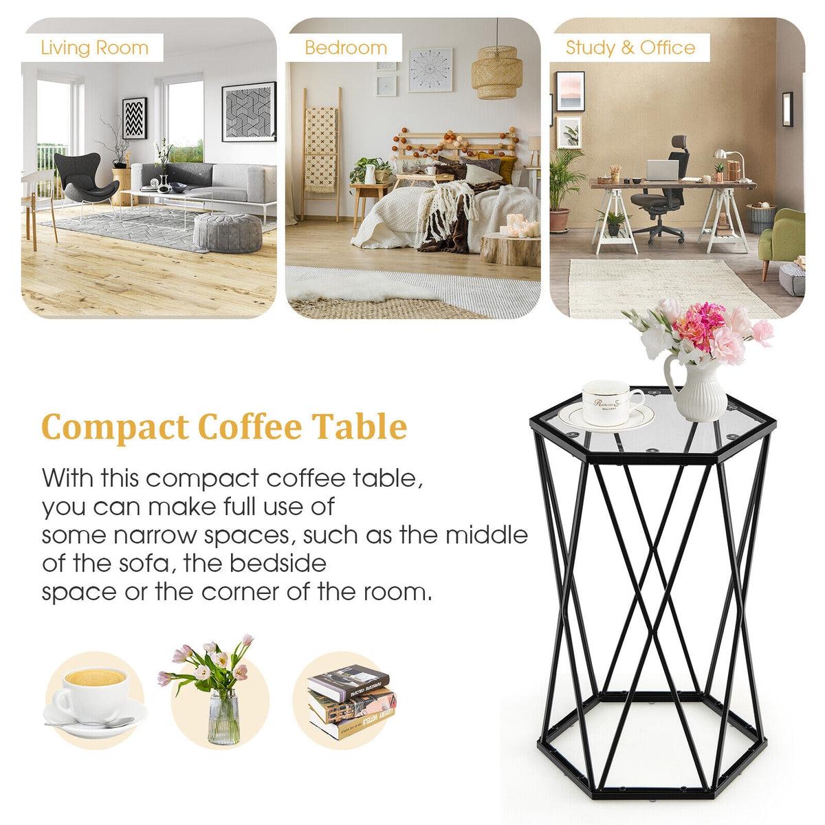 Hexagonal Tempered Glass End Table with Metal Frame