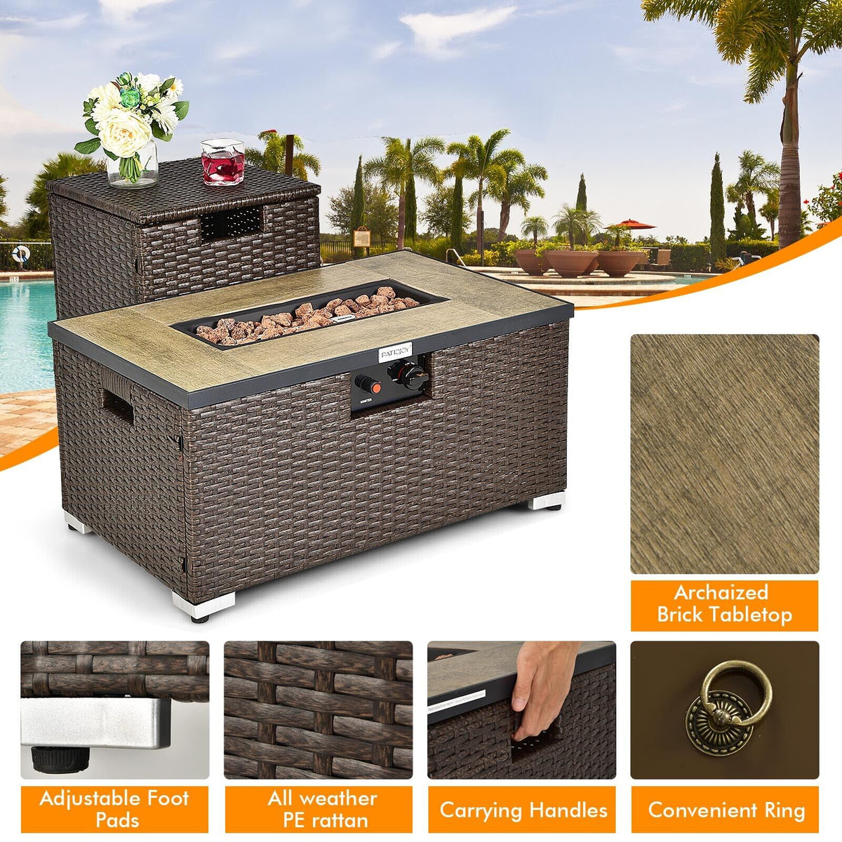 32 x 20 Propane Rattan Fire Pit Table with Side Table - Brown