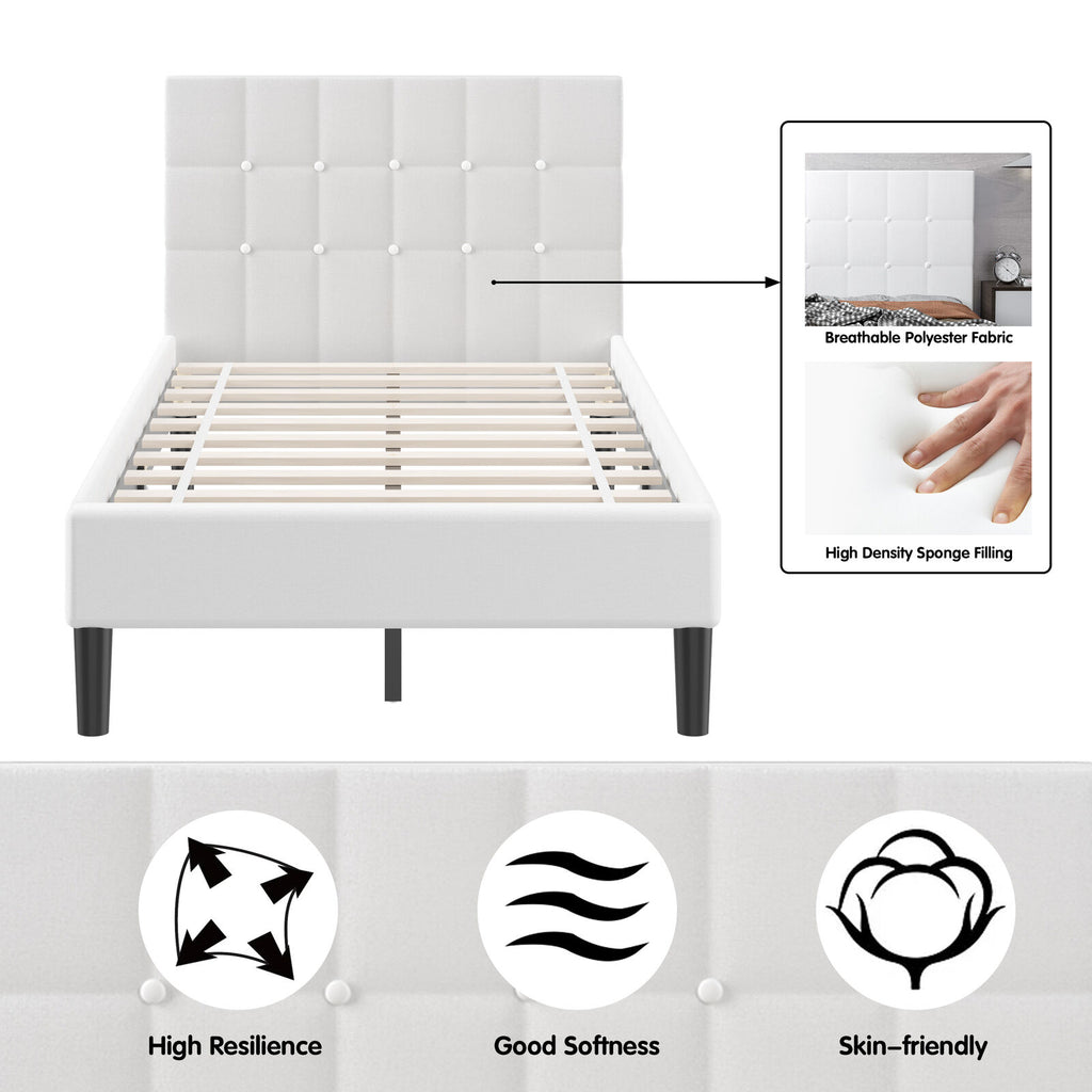 Twin Upholstered Bed Frame Button Tufted Headboard - Beige