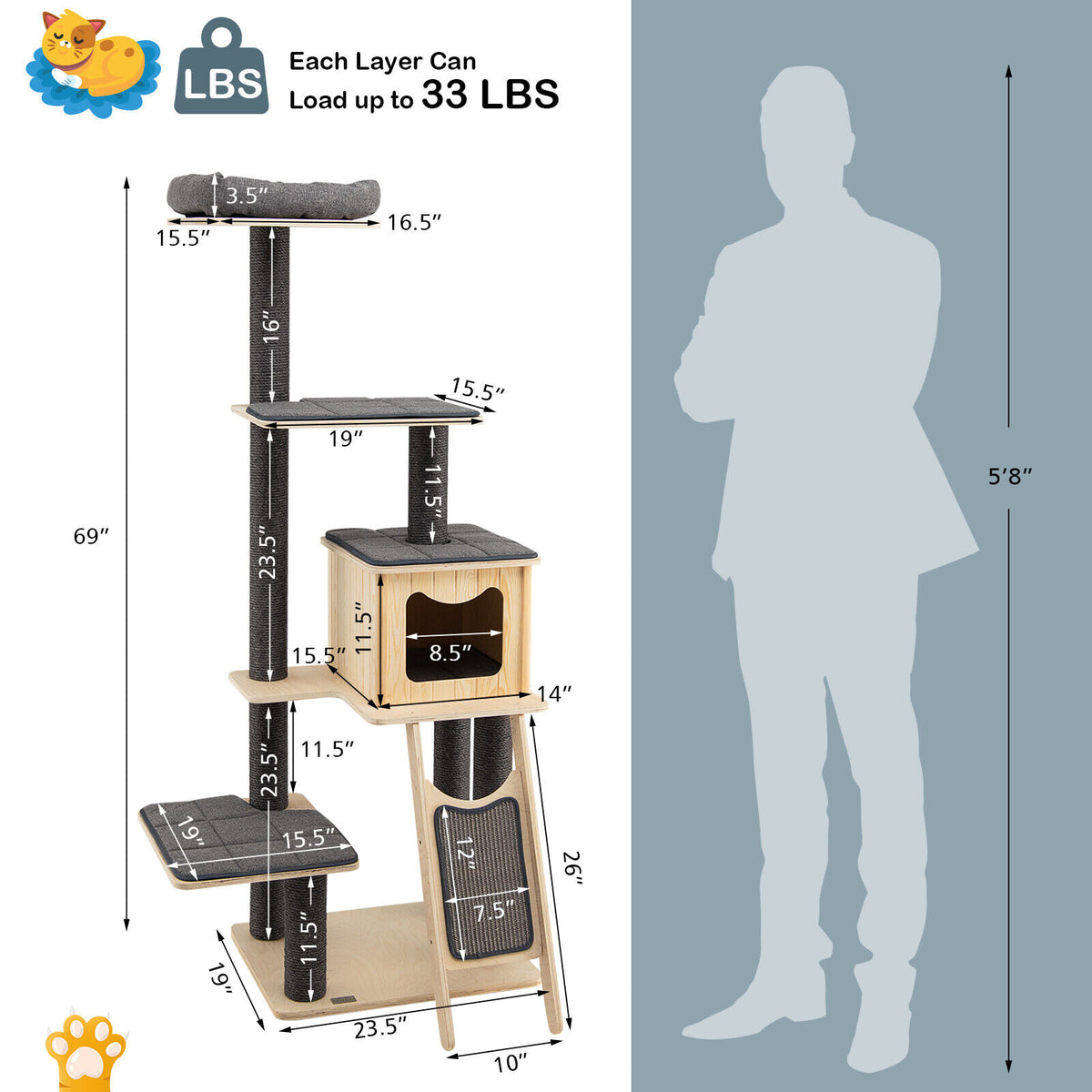 5-Tier Modern Wooden Cat Tower with Washable Cushions - Gray, 5-Layer