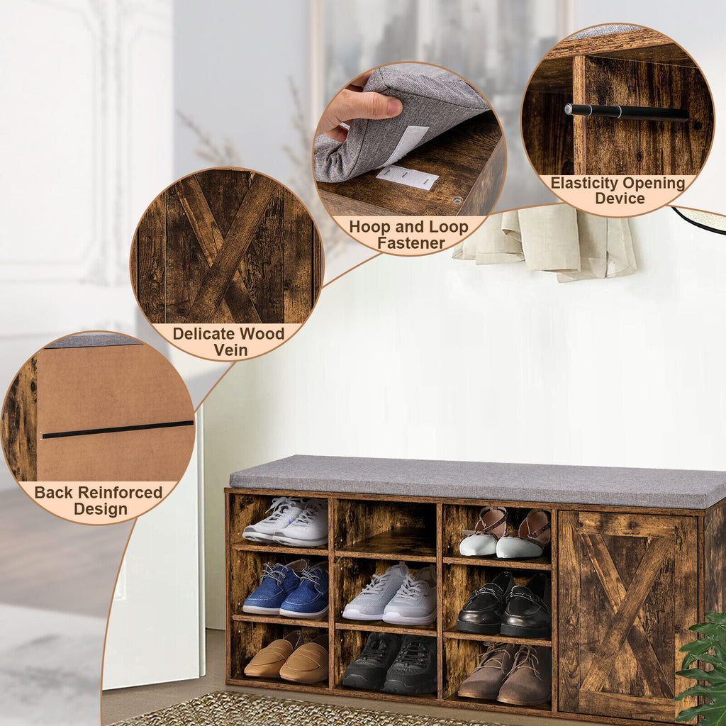 9-Cube Shoe Bench with Padded Cushion – Rustic Brown