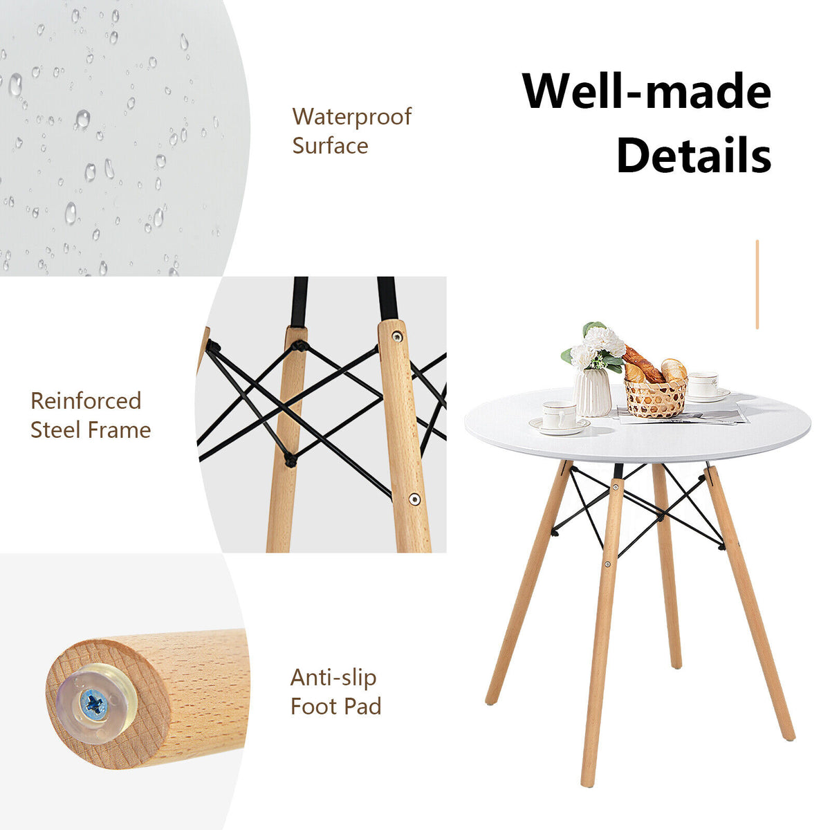 Modern Round Dining Table White - Beech Wood Legs