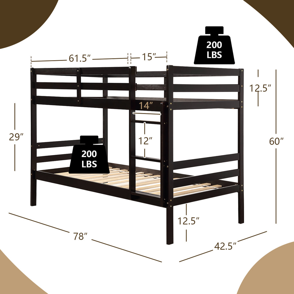 Twin Size Wooden Bunk Bed with Ladder and Safety Rail - Style B, Brown