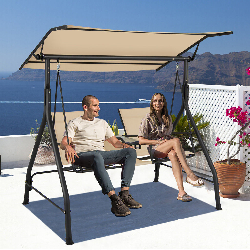 2-Seat Outdoor Cushioned Porch Swing with Adjustable Canopy and