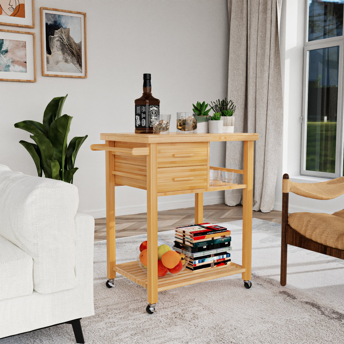 Bamboo Kitchen Trolley Cart with 2 Drawers