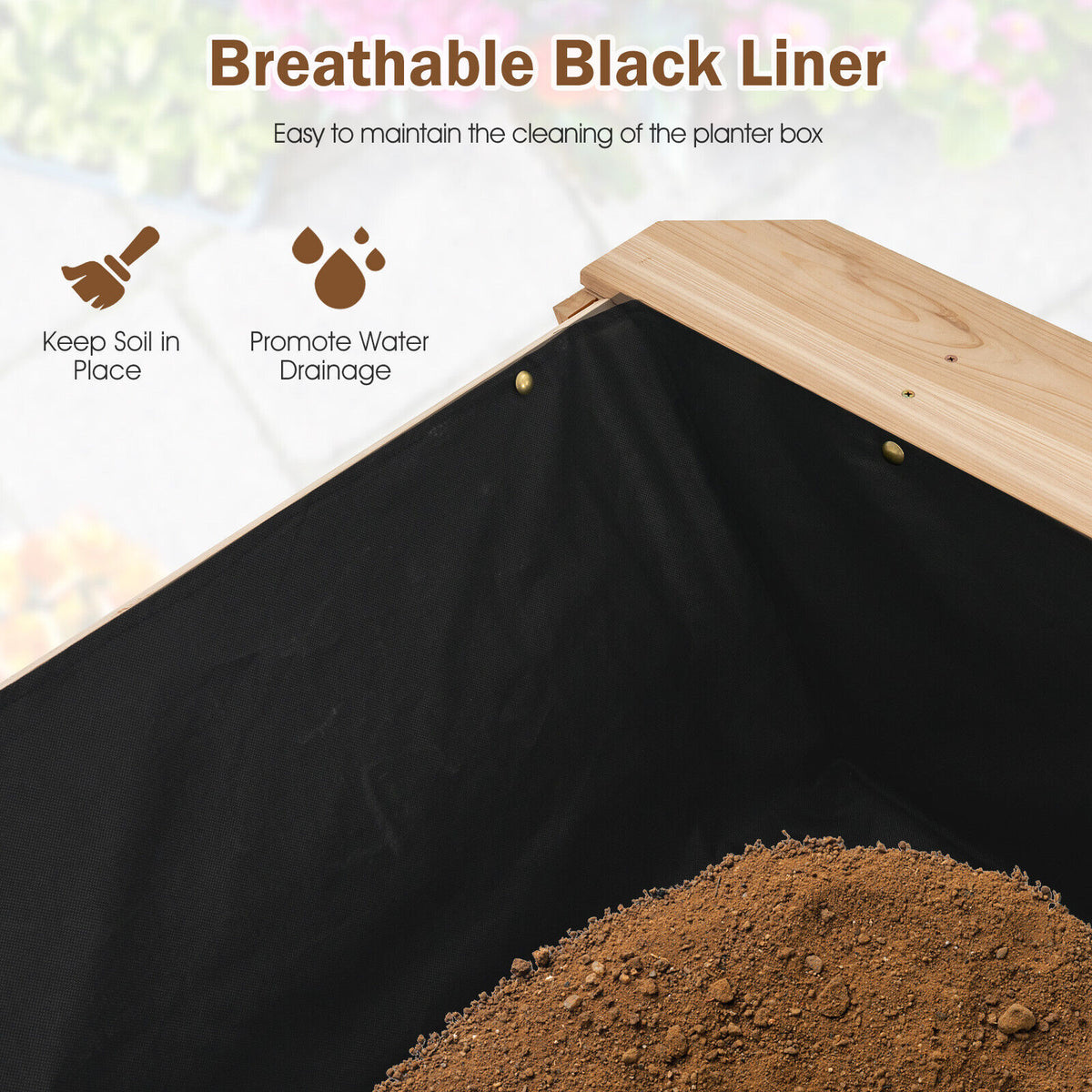 Raised Wood Garden Bed with Shelf and Liner