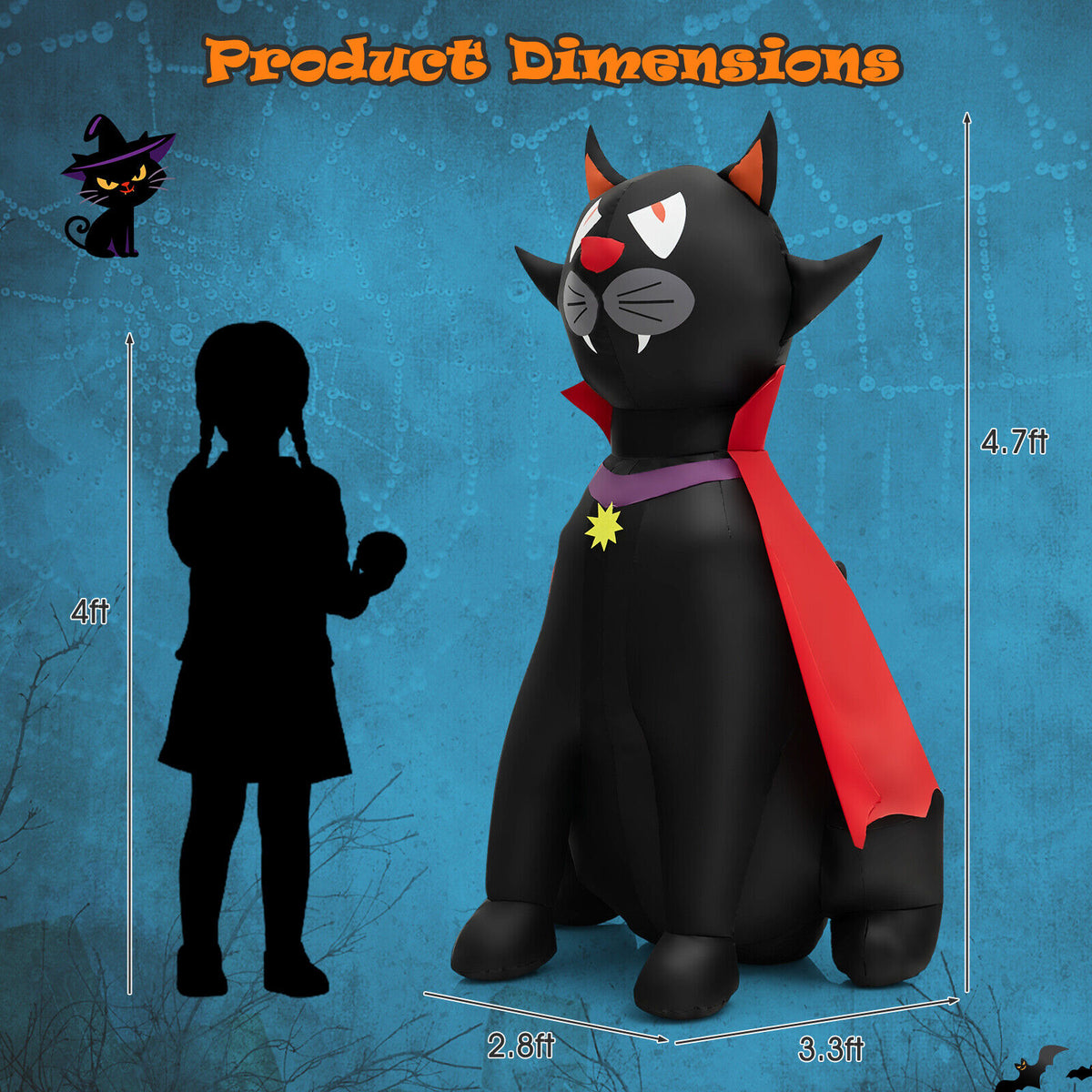 Halloween Inflatable Vampire Cat with Red Cloak - 4.7 Feet Outdoor Decoration