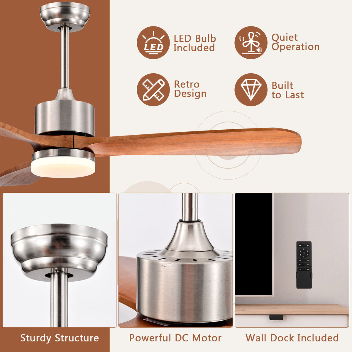 52 Inch Reversible Ceiling Fan with LED Light and Adjustable Temperature - Silver