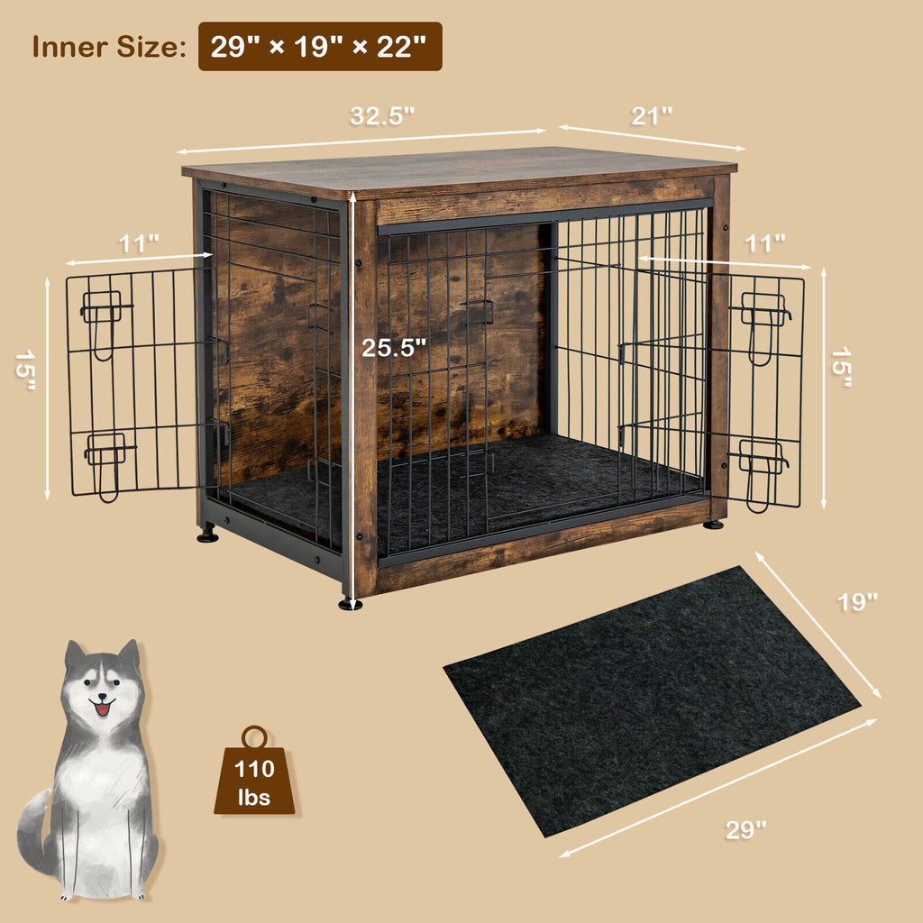 Wooden Dog Crate Furniture with Double Door & Tray - Brown