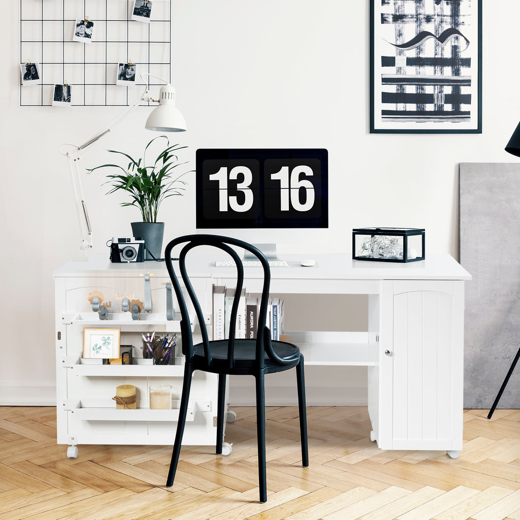 Folding Sewing Table with Storage Shelves and Lockable Casters - White