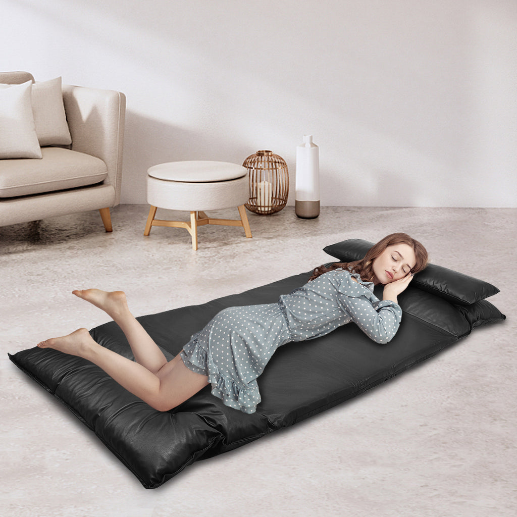 Foldable PU Leather Floor Sofa Bed with Pillows - Black