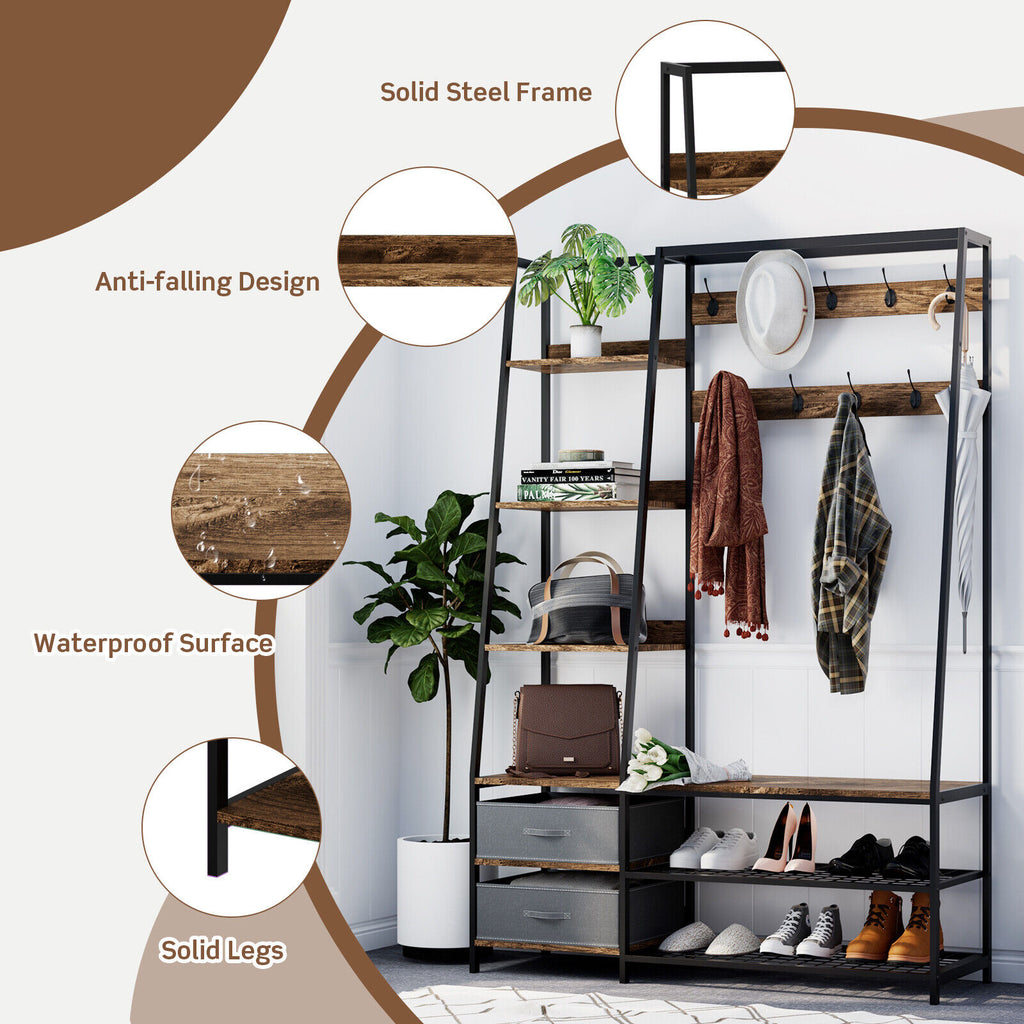 Hall Tree Coat Rack with Bench & Storage - Rustic Brown