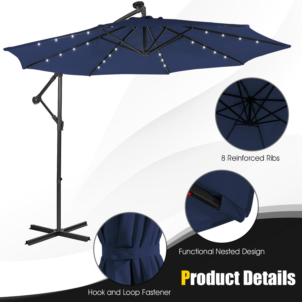 10 x 8.4 Feet Cantilever Patio Umbrella with Solar Lights - Navy
