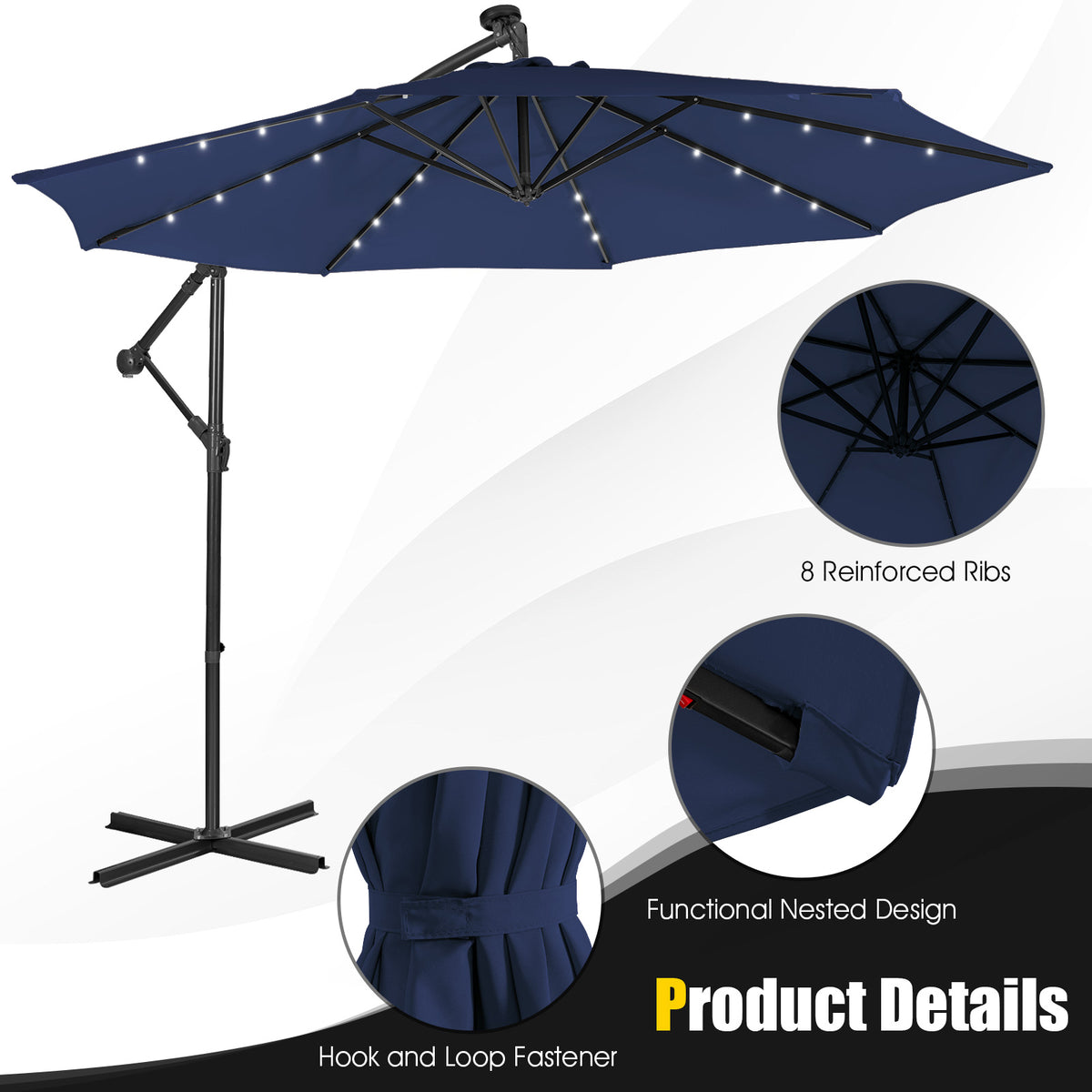 10 x 8.4 Feet Cantilever Patio Umbrella with Solar Lights - Navy
