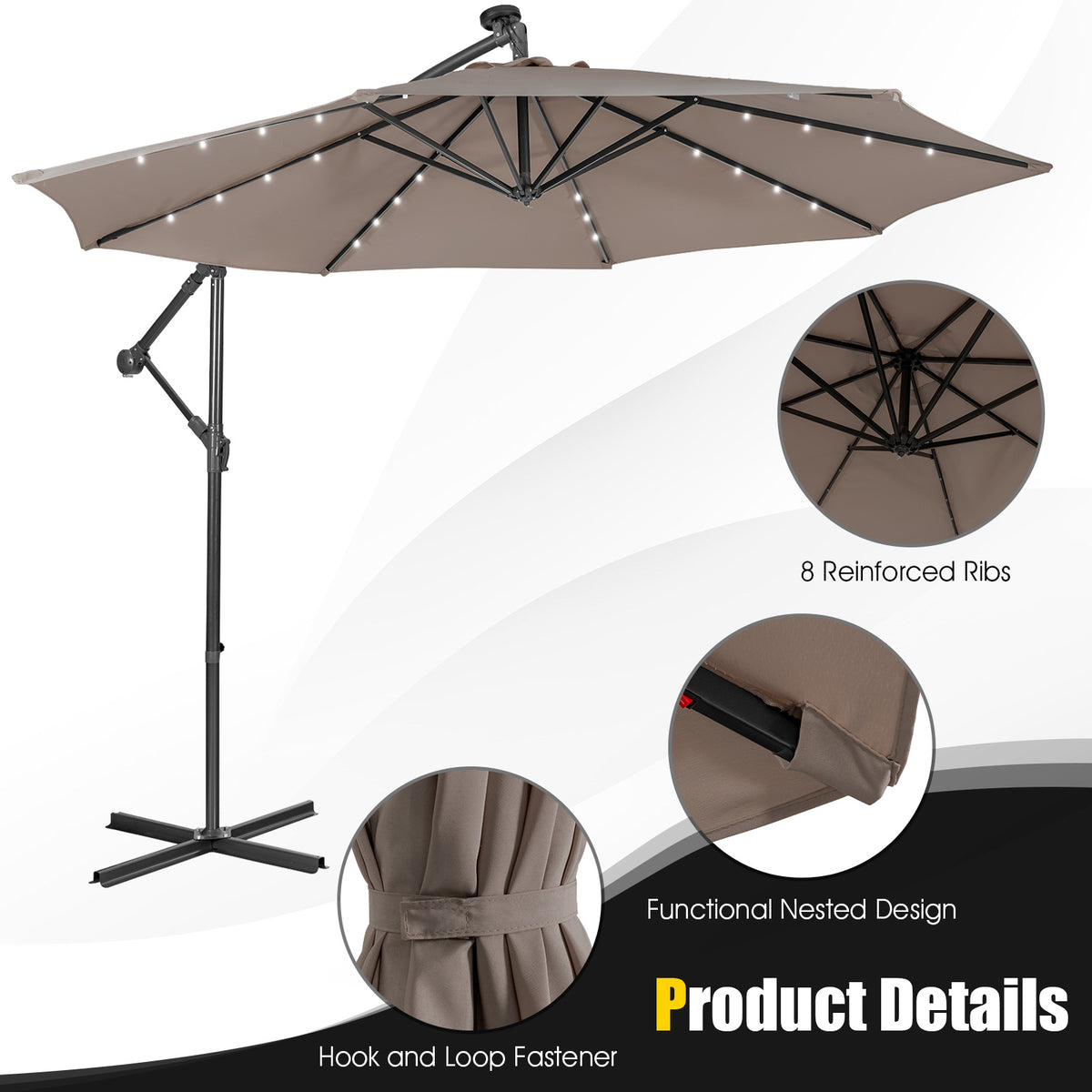10 x 8.4 Feet Cantilever Umbrella with 32 LED Solar Lights - Brown