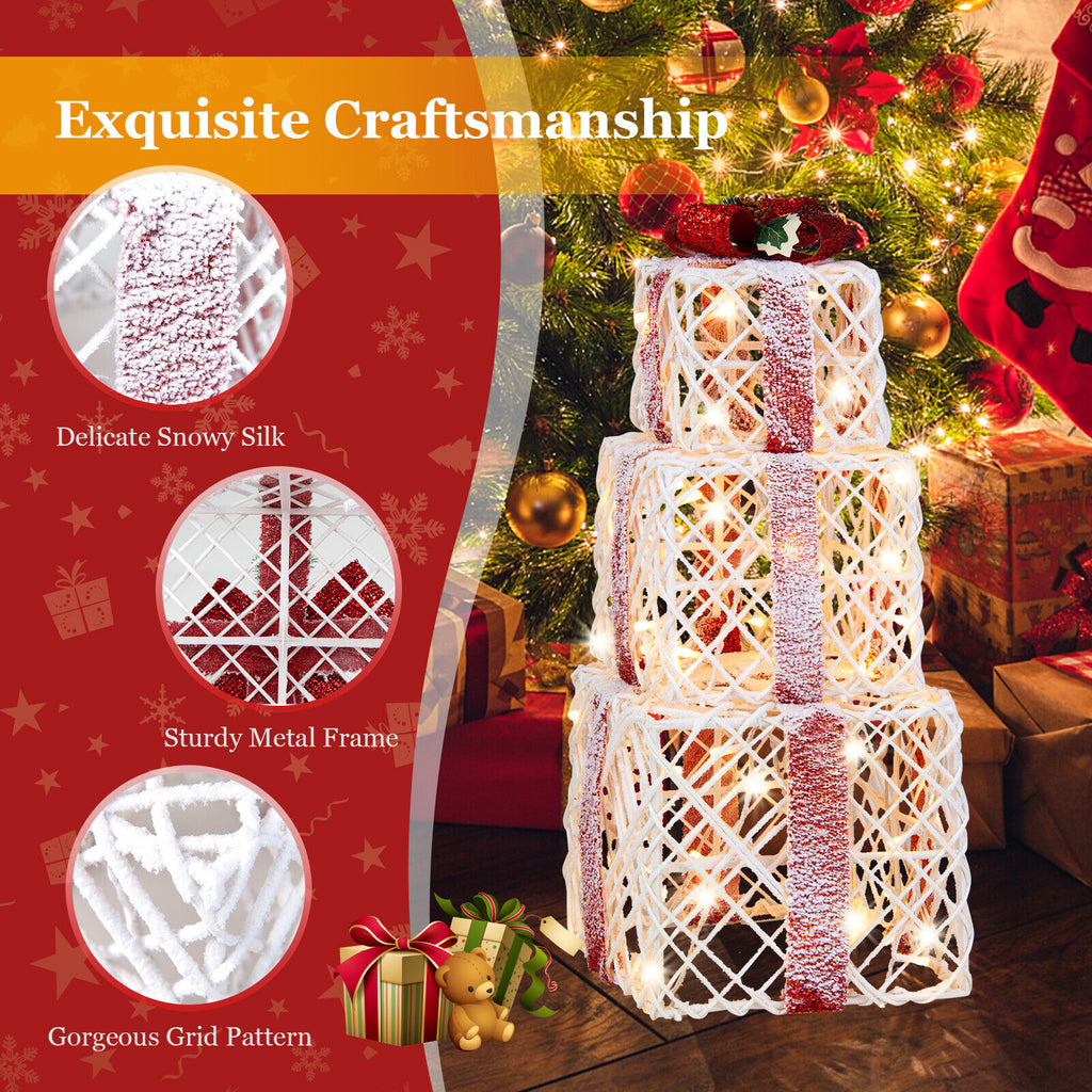 Set of 3 Lighted Christmas Gift Boxes Decorations with Red Bows - Indoor Outdoor Holiday Decor