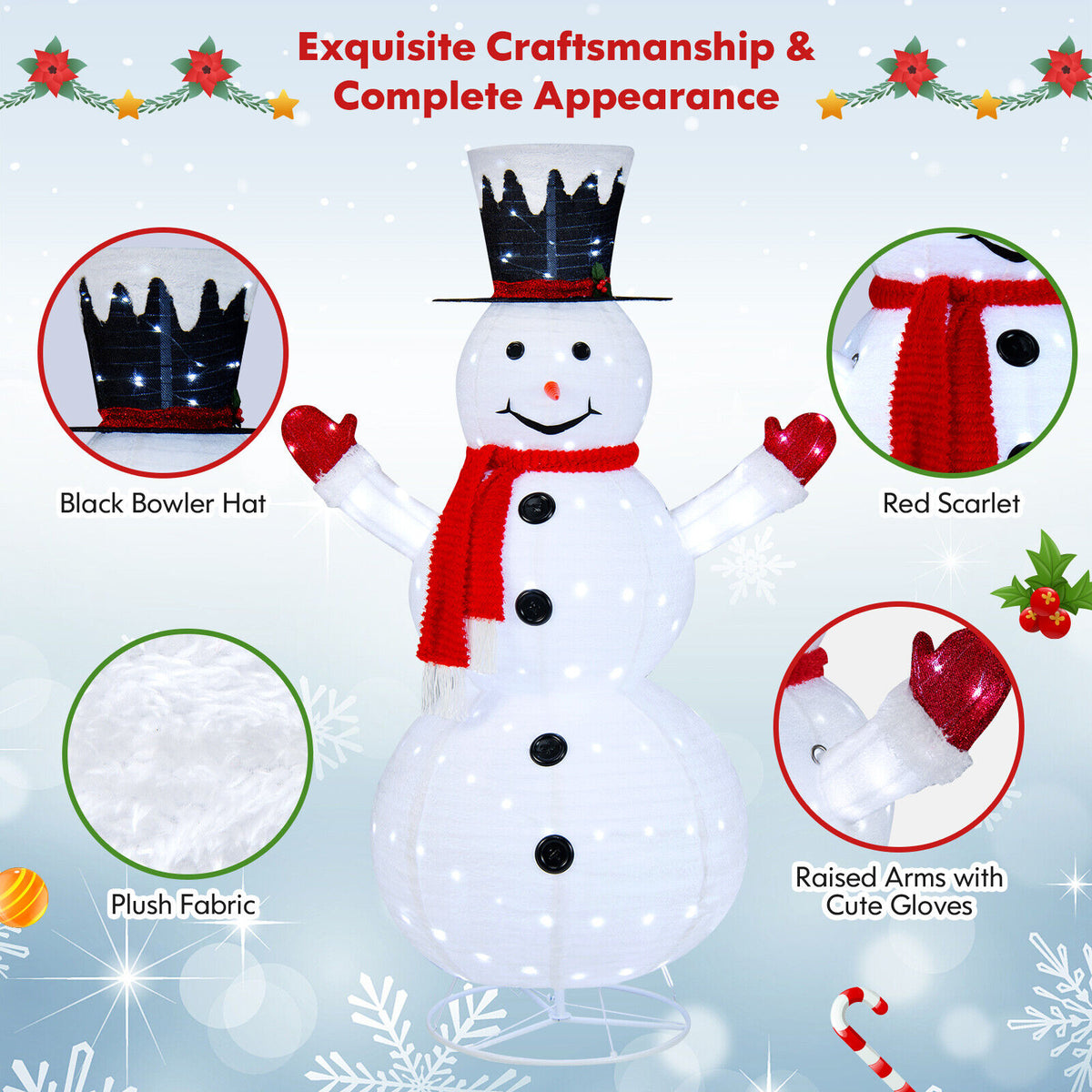 White Lighted Snowman Decor with Top Hat and Red Scarf - 6 Feet
