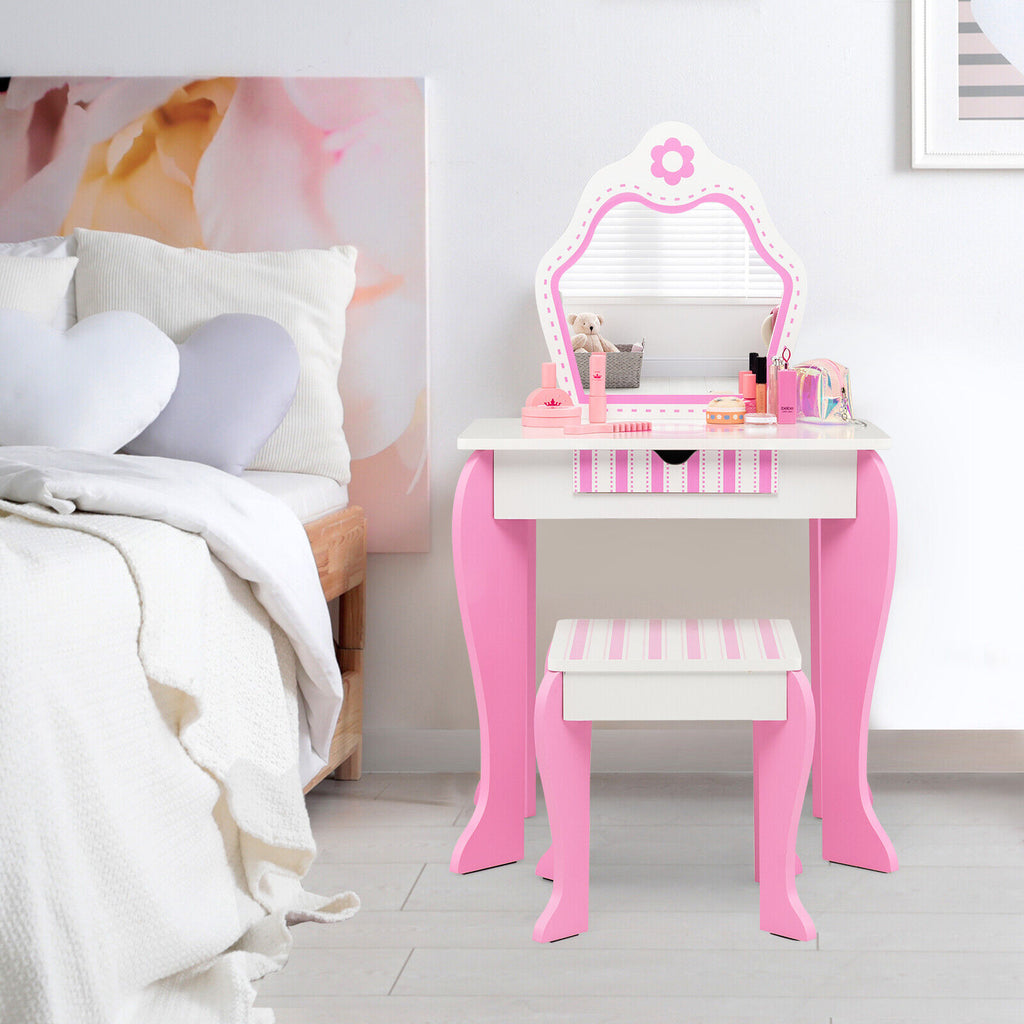 White 2-in-1 Toddler Vanity Set with Detachable Mirror and Flower Pattern
