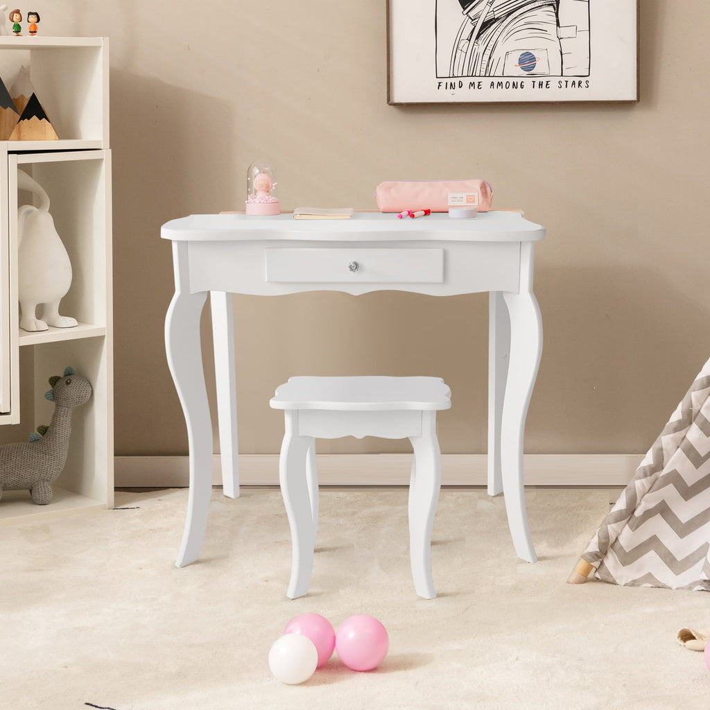 Kids Dressing Vanity Set with Detachable Mirror and Stool - White, No Lights
