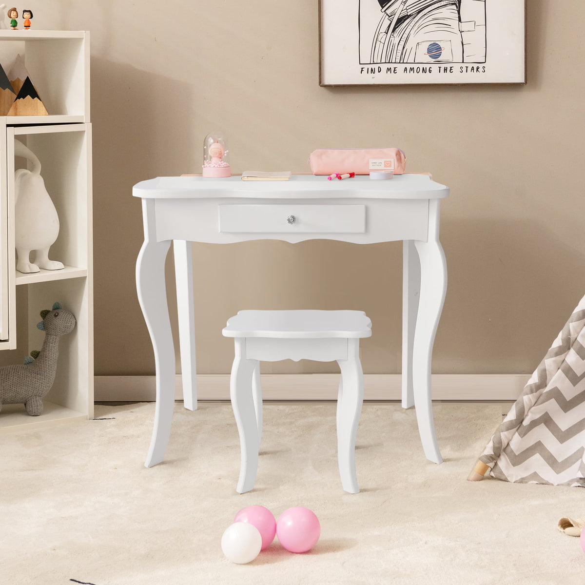 Kids Dressing Vanity Set with Detachable Mirror and Stool - White, No Lights