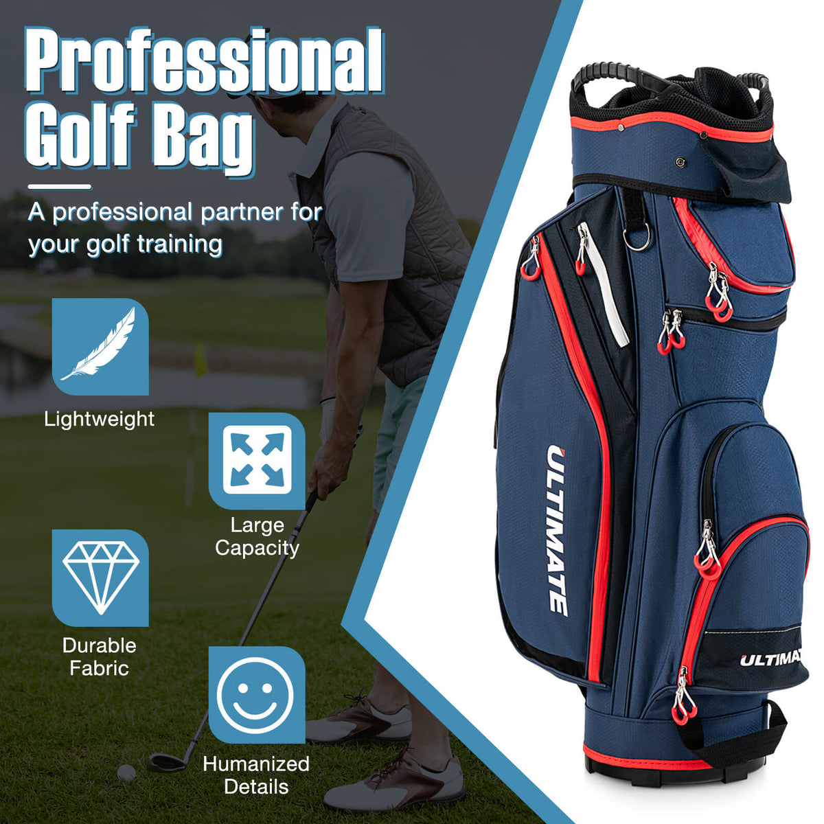 Golf Cart Bag with 14-Way Dividers Top Organizer - Black, 9.5 Inch