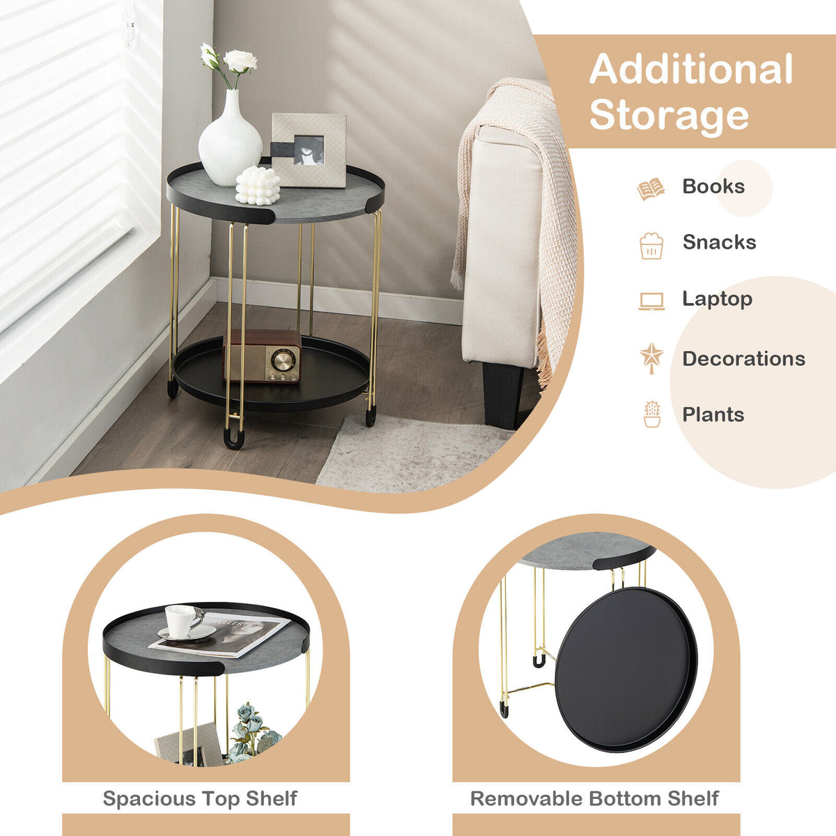 2-Tier Round Side Table with Removable Tray - Golden