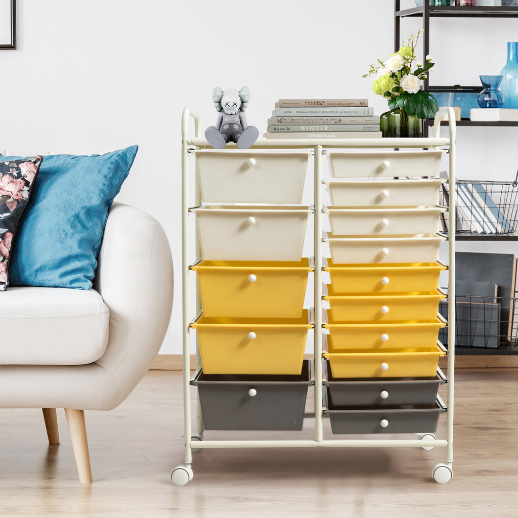 15-Drawer Rolling Utility Cart with Wheels - Yellow