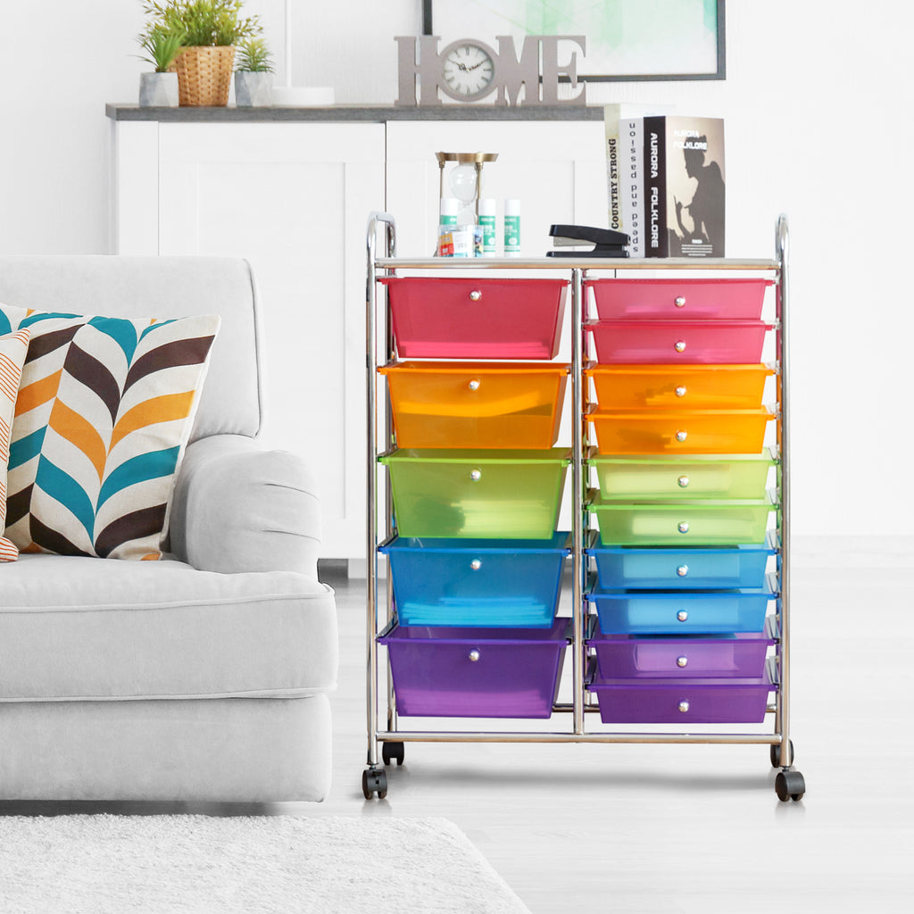 15-Drawer Rolling Utility Cart, Transparent Multicolor