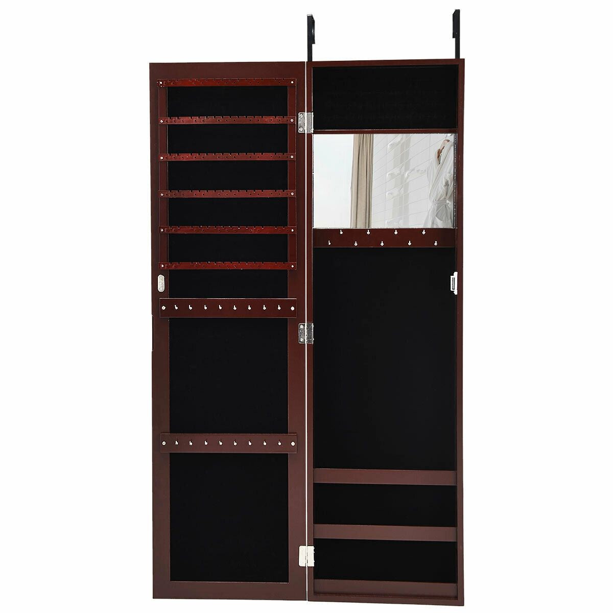 Wall-Mounted Jewelry Cabinet with Mirror & Storage – Dark Brown