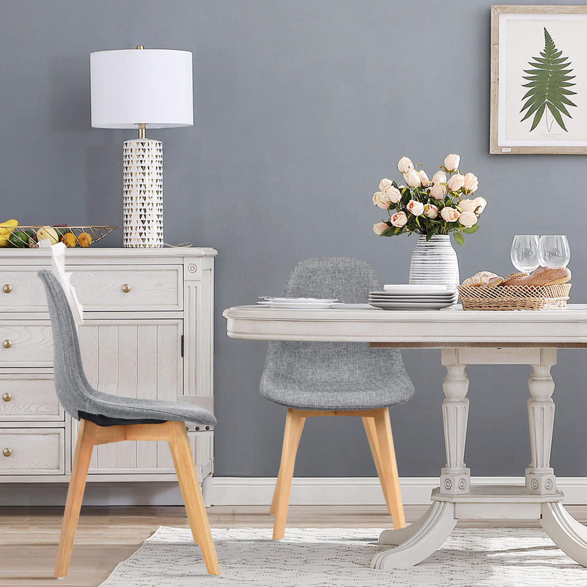 Modern Dining Chair Set of 4 – Wood Legs & Fabric Cushion