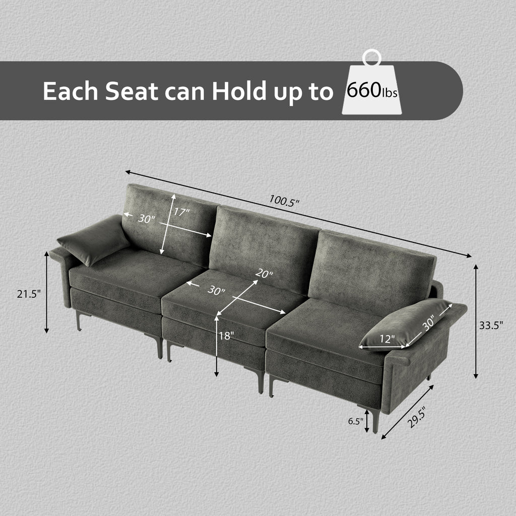 3-Seat Sofa with USB Ports and Metal Legs, Gray