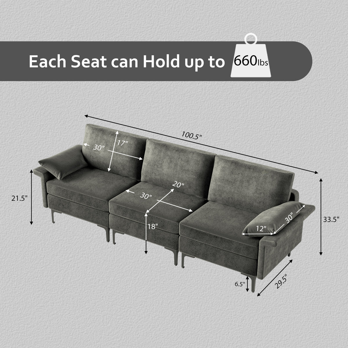 3-Seat Sofa with USB Ports and Metal Legs, Gray