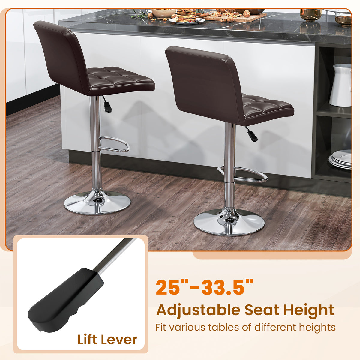 PU Leather Bar Stools Set of 2 with Back, Adjustable Height - Diamond Pattern, Brown