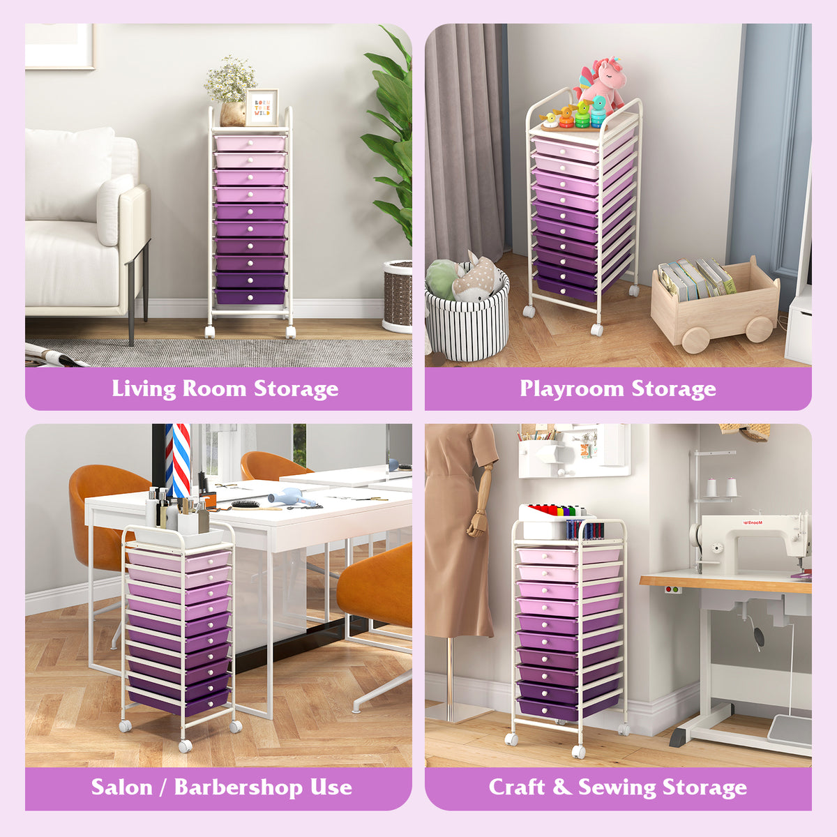 10 Drawer Rolling Storage Cart Organizer with 4 Universal Casters